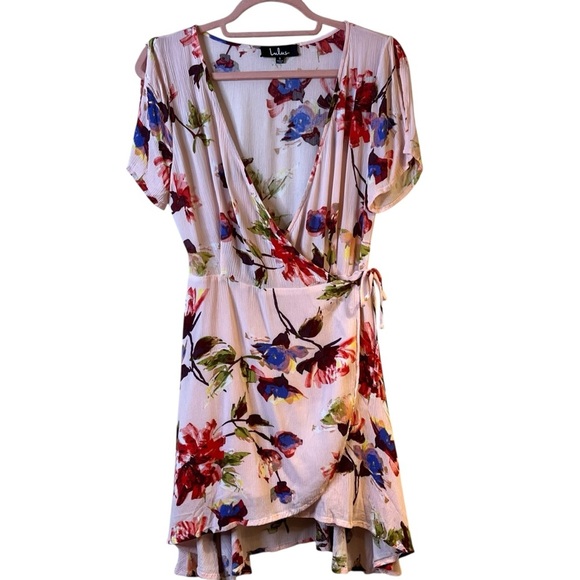 Lulus Cherished Love Wrap Mini Dress Blush Pink Floral Print - Picture 2 of 8